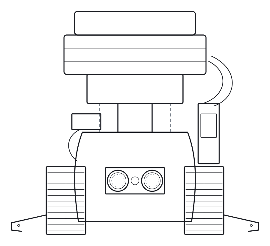 Line drawing of the R.I.M.D.A.R rover, front view: four-wheel chassis, stacked compute and battery decks, and a forward-facing ultrasonic rangefinder.